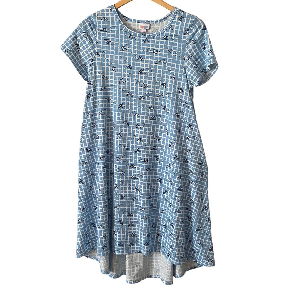 LuLaRoe Carly Dress Womens Small Blue Grid Paper Airplane High Low Swing Artsy